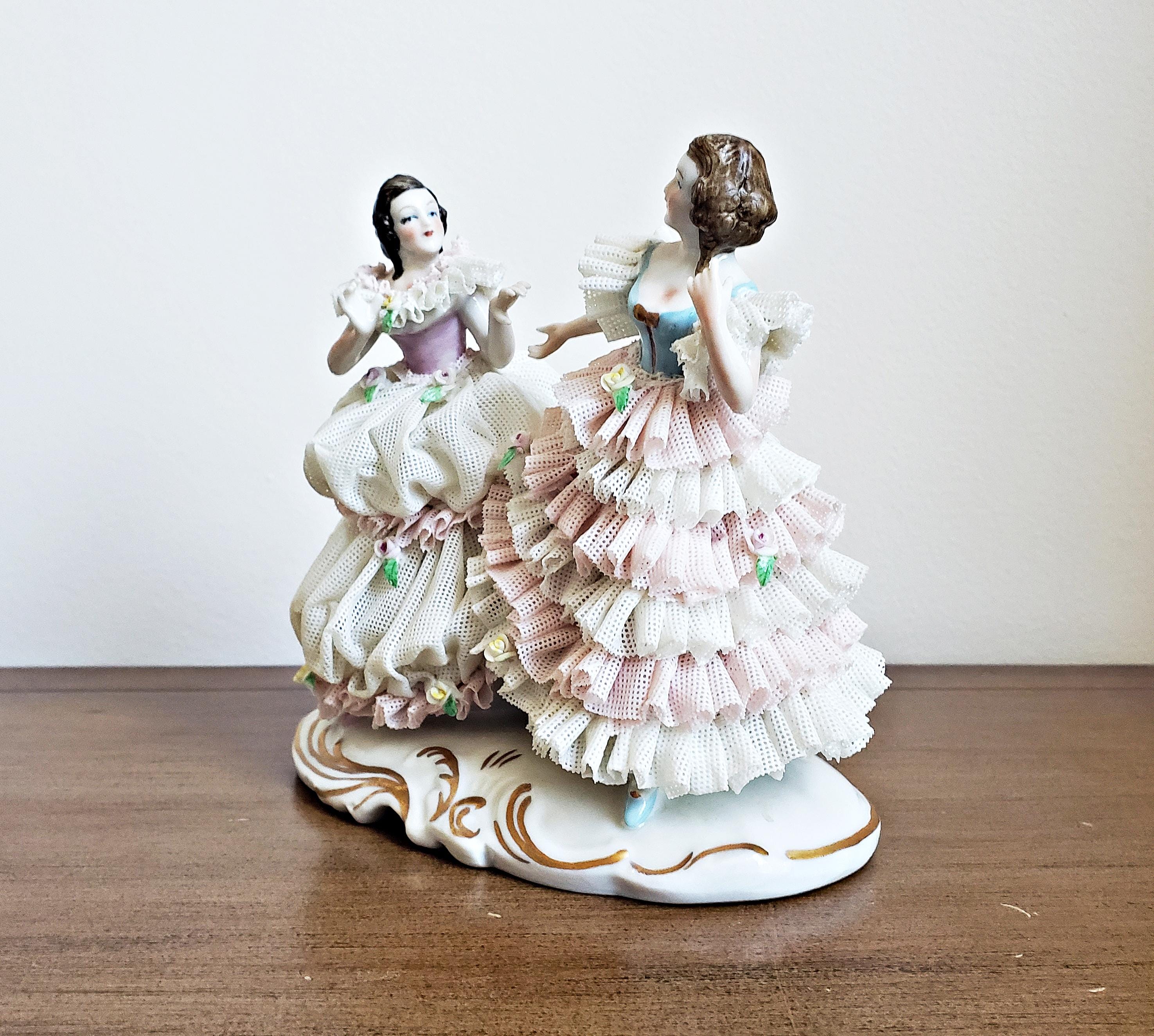 Vintage Irish Dresden Lace Figurine: Two Dancing Ladies
