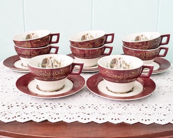 Vintage Sebring Pottery Teacups & Saucers – Serenade Burgundy  – Mid Century Tea Set – Retro China Cups – Cottagecore Tea Party Set