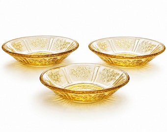 Tigelas para lavar os dedos em vidro âmbar/amarelo vintage da época da Grande Depressão • Sharon Cabbage Rose • Federal Glass • Conjunto de 3