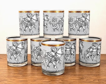 Vintage Cera Glass Camelot Double Old Fashioned Glasses Set of 8, MCM Barware, 22K Gold Tumblers, Medieval Knight Glassware