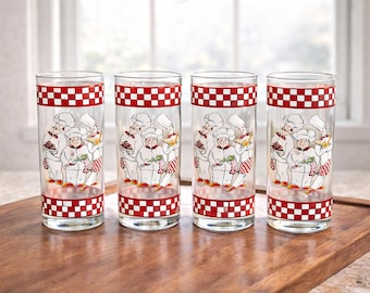 Set of 4 Vintage Ocean Glass Highball Glasses: French Chef Design, Retro Barware