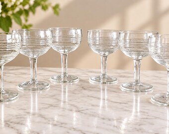 Set of 6 Vintage Coupe Glasses, Depression Era Pressed Glass, Ribbed Sherbet Cordial Cocktail Glasses, Art Deco Barware