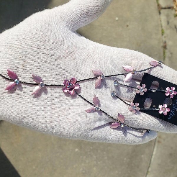 Pink Flowers Necklace and Dangled Earrings Set, Silvertone Chain, Pink and Clear Rhinestones, gift idea for Young Lady, Never been worn