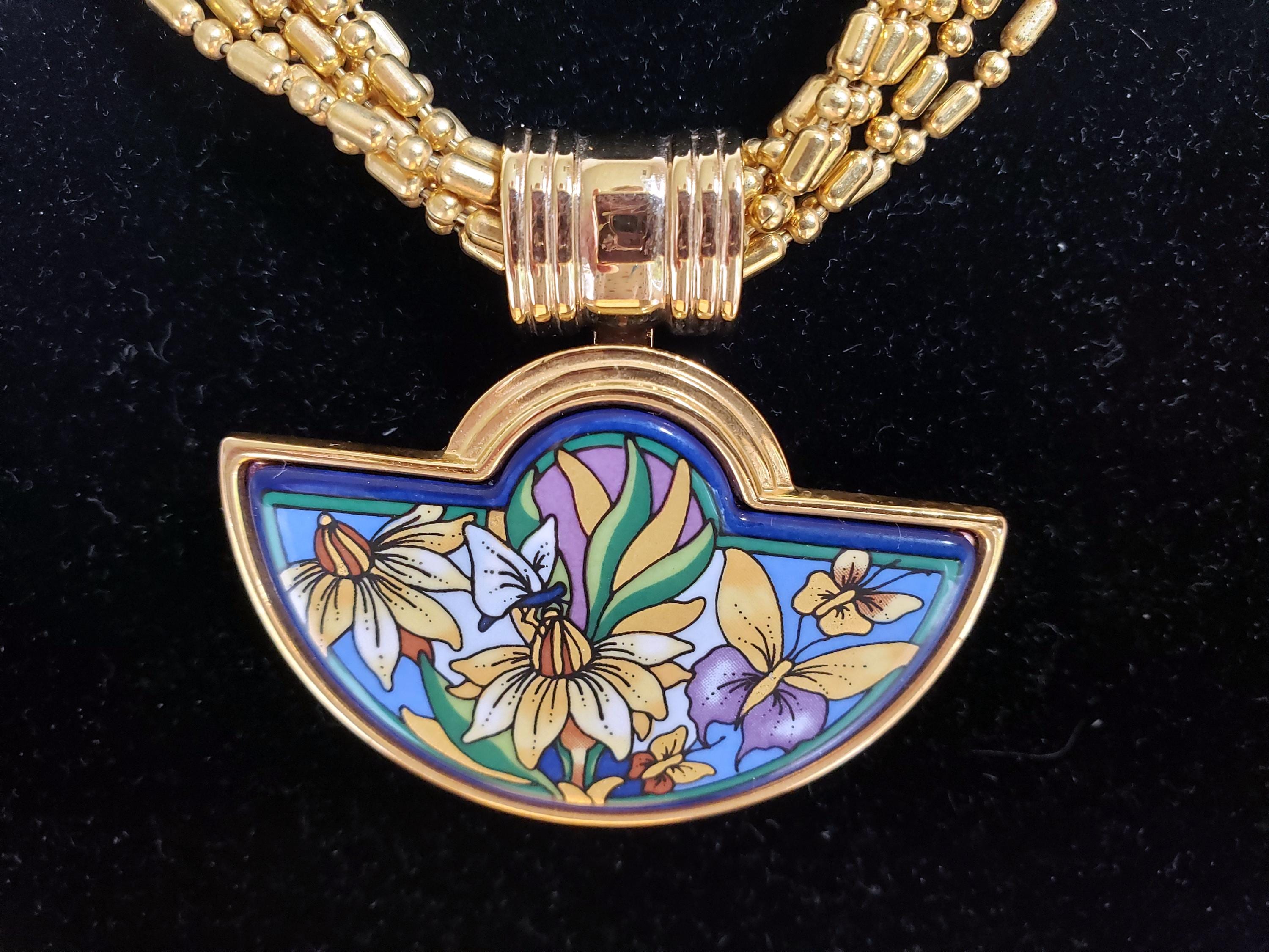 Vintage Michaela Frey Enamel Pendant Necklace: 24K Gold-plated