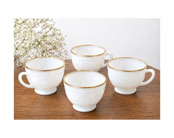 Anchor Hocking Sandwich Ivory Milk Glass Punch Cups –Mid Century Tea or Coffee Cups with Gold Trim –  Sold Individually or Set