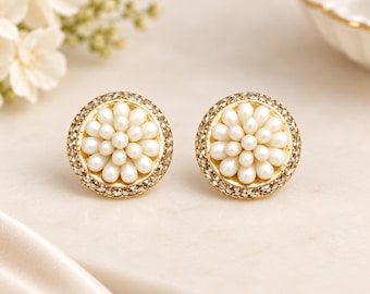 Vintage  White Cluster Beads & Rhinestones Halo  Clip-On Earrings,  Mid-Century Costume Jewelry