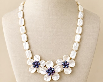 Vintage Mother of Pearl Necklace Floral Shell Necklace Purple Bead Centers 17"
