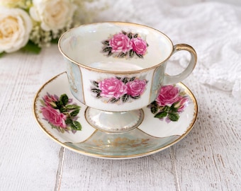 Vintage Japanese Lusterware Demitasse Cup & Saucer – Teal, Pink Roses, Gold Filigree