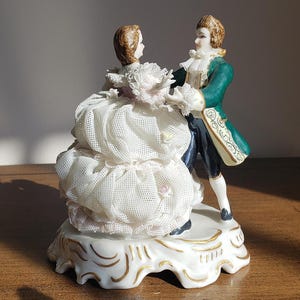 Figura de pareja bailando de porcelana con encaje de Dresde irlandés vintage, porcelana con encaje de Dresde de Muller Volkstedt, estilo rococó, idea de regalo única