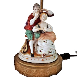 Vintage 1950s Hand-Painted Porcelain Courting Couple Lamp on Ornate Tin Base, Victorian Boho Decor, Made in Japan