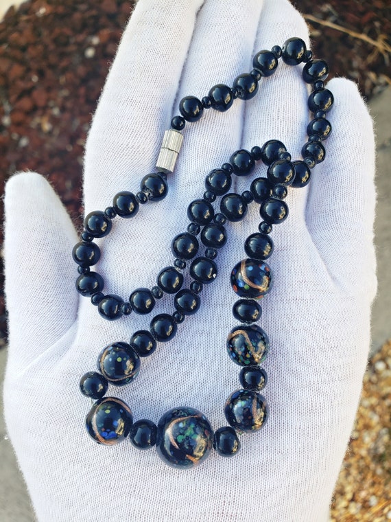Vintage Black Glass Hand-Painted Beads Chocker Ne… - image 1