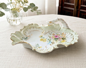 Antique Carl Tielsch Art Nouveau Porcelain Centerpiece Dish • 1890–1909 • Chrysanthemum Floral • Seafoam Green & Gold • Stapled Repair