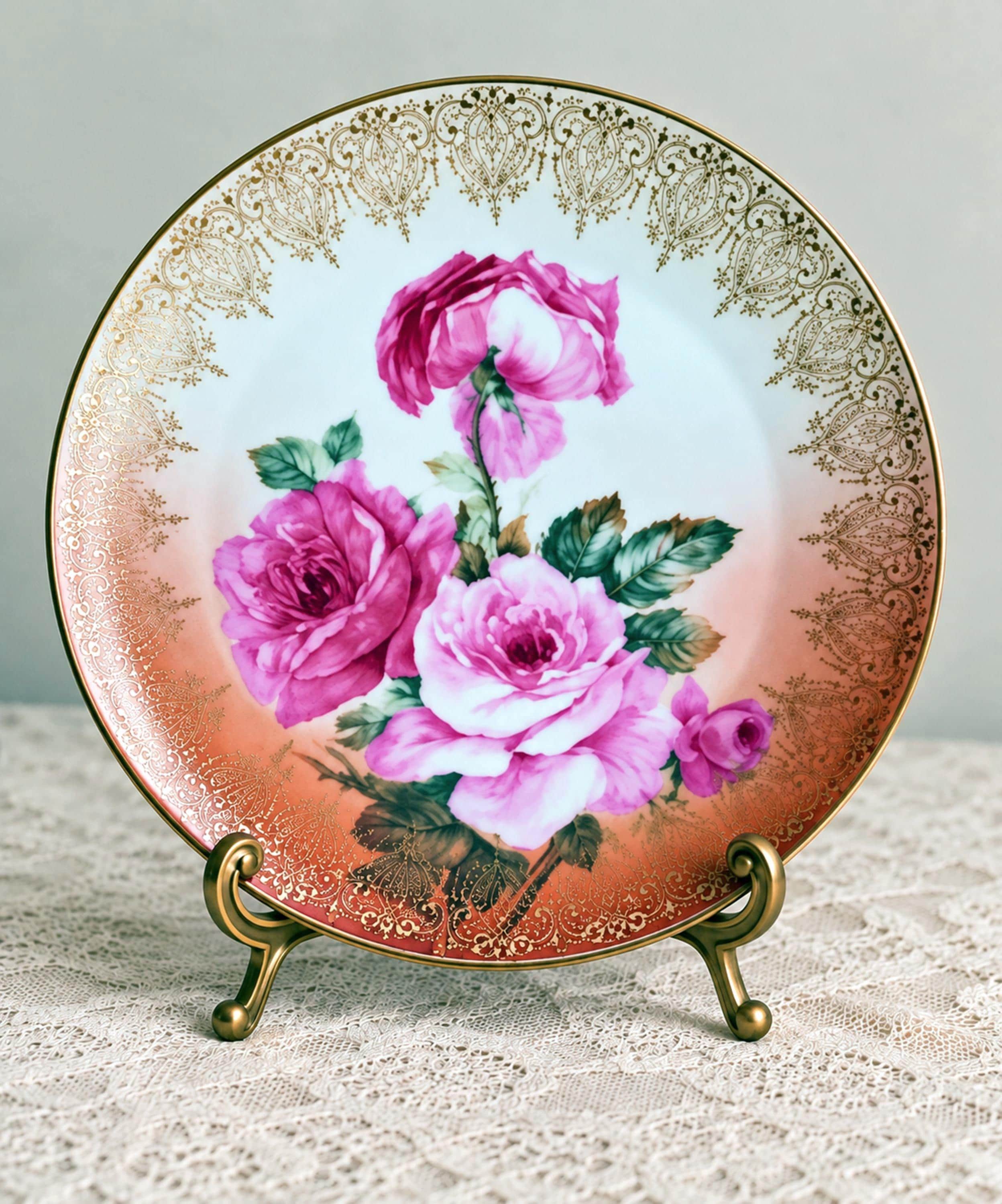 ドイツ　シューマンババリアのアンティーク薔薇大型プレート Bavaria Rose Plates Antique - Etsy