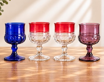 Vintage King’s Crown Wine Goblets,  Indiana Glass, Cobalt Blue, Amethyst & Cranberry Flush, Mid Century Barware