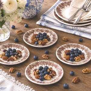 May include: Four small white ceramic plates featuring a brown floral pattern around the rim. Each plate is filled with a mixture of fresh blueberries, walnuts, and almonds. The plates are arranged on a wooden surface alongside scattered nuts.