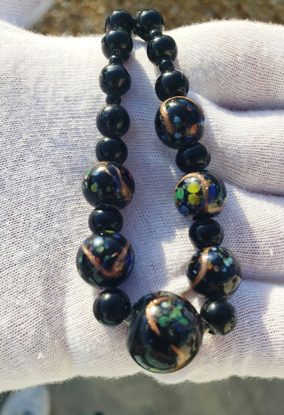 Vintage Black Glass Hand-Painted Beads Chocker Ne… - image 4