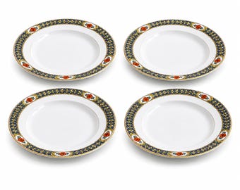 Royal Bayreuth ROB154 Salad Plates Set of 4, Vintage Bavaria Porcelain, Blue Scrolls Rust Flowers, Gold Trim, Discontinued China