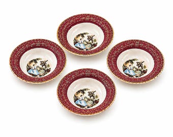 Vintage 1940s Sebring Pottery Finger Bowls Set of 4 - Serenade Burgundy - 22K Gold Filigree