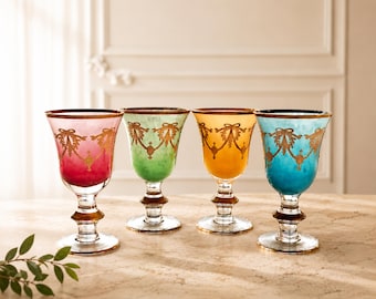 Arte Italica Rialto Borghese  Goblets • Italian 24% Lead Crystal • 24K Gold Hand‑Painted • Set of 4 Colorful Vintage Glasses