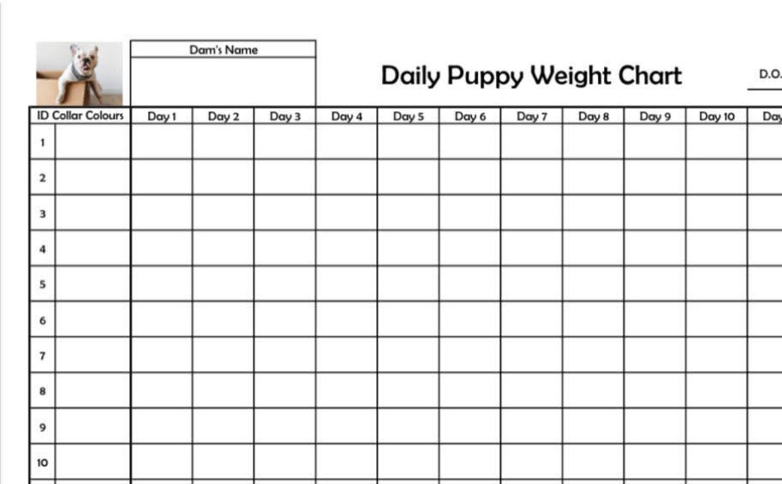 Weekly Puppy Weights Chart