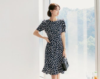 Elegant Formal Wedding Guest Dress | Korean Style Puff Midi Dress (CLD0176)