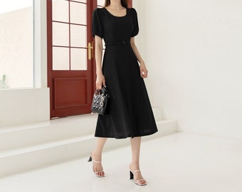 Elegant Formal Black Midi Dress | Korean Style Summer Belt Dress (CLD0183)