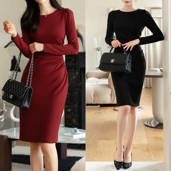 Elegantes warmes Cocktailparty-Kleid | Herbst / Winter Bleistiftkleid im koreanischen Stil (CLD0218)