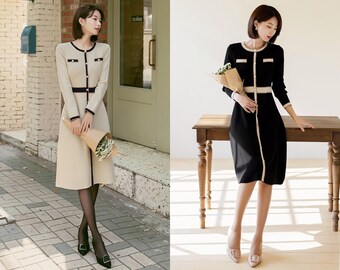 Korean Elegant Knitted Plaid Long Sleeve Lace-up Bow Pleated Dress main image 0
