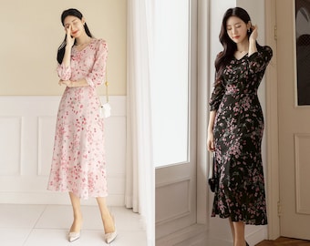 Elegant Floral Chiffon Midi Dress | Korean Style Vintage Dress (CLD0609)