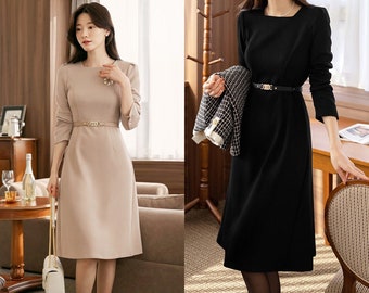 Elegant Formal Warm Midi Dress | Korean Style Wedding Guest Dress (CLD0311)