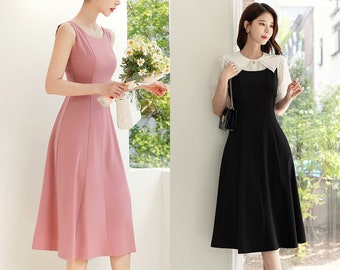 Elegant Sleeveless Formal Midi Dress | Korean Style Wedding Guest Dress (CLD0653)