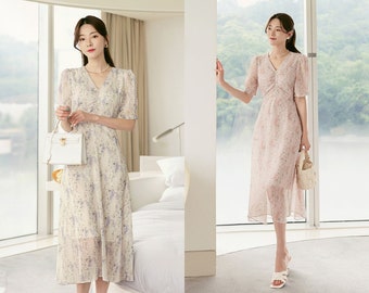 Elegant Floral Chiffon Dress | Korean Style Summer Dress (CLD0195)