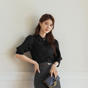 Lantern Sleeve Office Blouse | Korean Style Business Casual Women Blouse (CLT0095)