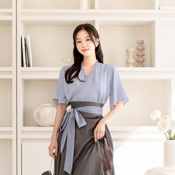 Korean Modern Hanbok Elegant Blouse For Women | Korea Traditional Style Top Jeogori Skirt Set (CLHT0012)