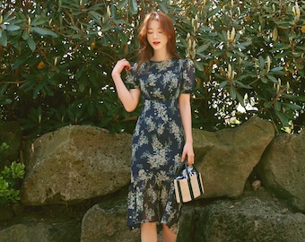 Elegant Floral Chiffon Midi Dress | Korean Style Short Sleeve Summer Dress (CLD0013)