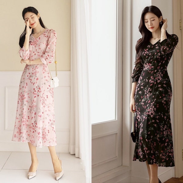 Elegant Floral Chiffon Midi Dress | Korean Style Vintage Dress (CLD0609)