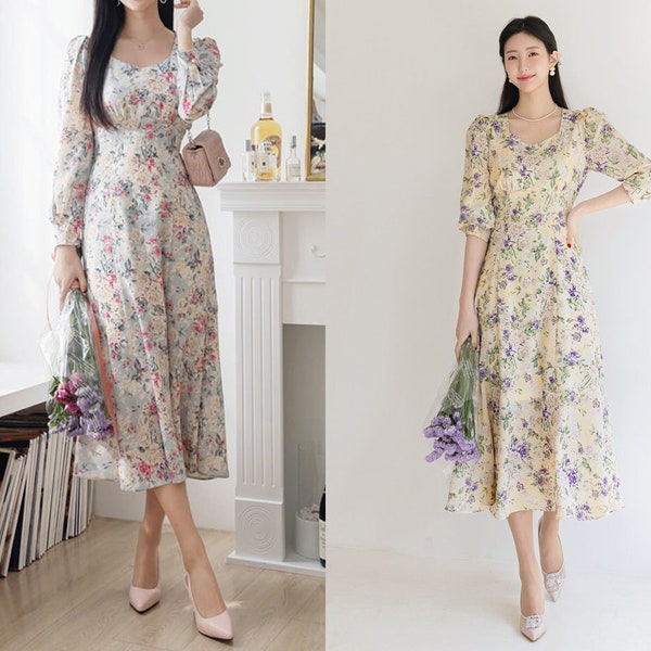 Elegant Floral Flare Midi Dress | Korean Style Formal Dress (CLD0637)