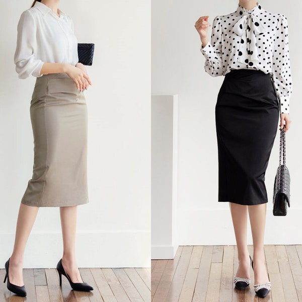 High Waisted Slim Midi Skirt | Korean Style Office Formal Skirt (CLS0060)