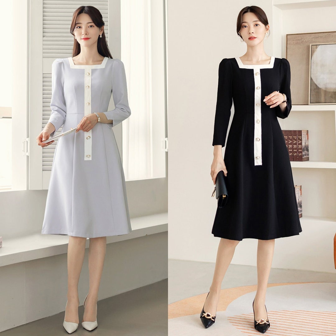 Elegant Formal Square Neck Flare Dress Korean Style Autumn - Etsy