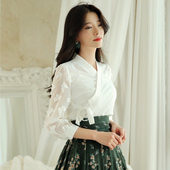 Modernized Hanbok Top Chiffon Blouse Jeogori Fusion Hanbok Upper Garment 