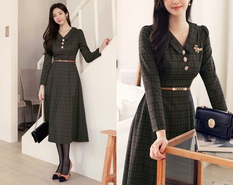 Vintage Check Belted Midi Flare Dress | Korean Style Wedding Guest Dress (CLD0905)