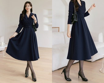 Tailored Collar Formal Belted Flared Midi Dress | Korean Style Wedding Guest Dress (CLD0903)