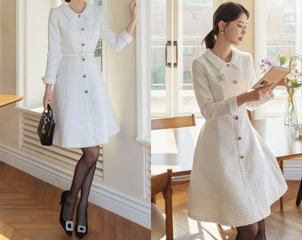 Formal White Tweed Flare Midi Dress | Korean Style Wedding Guest Dress (CLD0932)