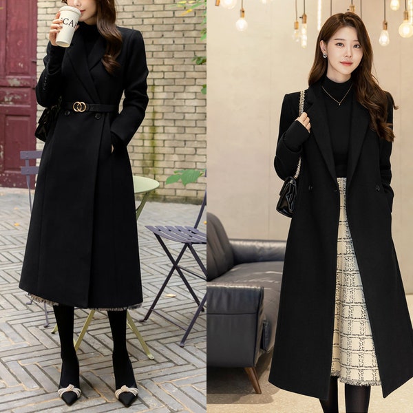 Regular Fit Black Long Coat | Korean Style Women's Formal Winter Coat (CLC0111)