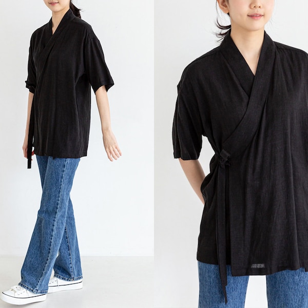 Handmade Modern Hanbok Black Shirt Blouse | Jeogori Shirt | Korean Fashion Unisex Hanbok (DRT0074)