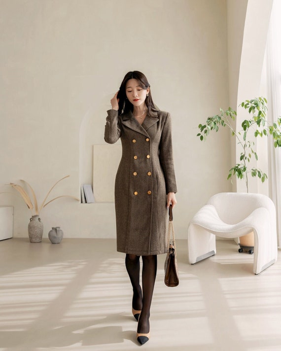 Elegant Brown Herringbone Warm Dress Korean Style Formal -  Canada