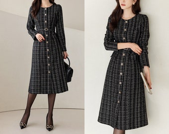 Classy Formal Belted Tweed Party Dress | Korean Style Wedding Guest Dress (CLD0904)