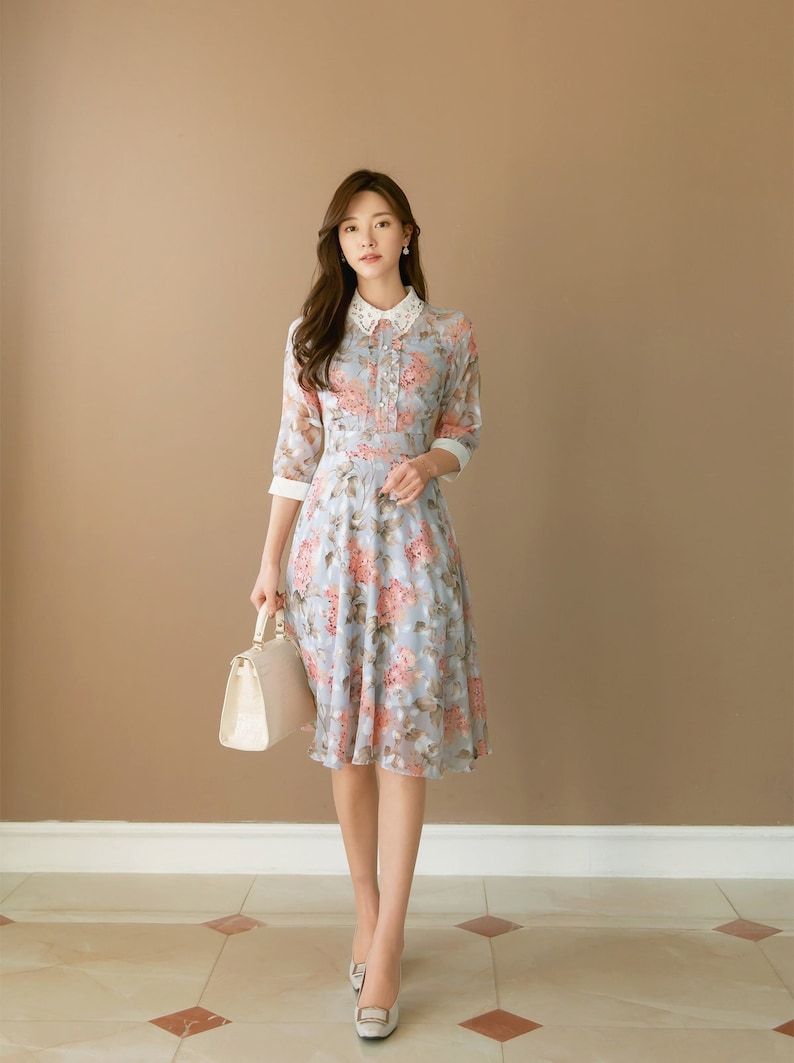 korean floral chiffon dress CABULE Flower Dress Women Floral Chiffon Clothing Maxi Dresses Beach Elegant Autumn Pink Korean Long Sleeve V-Neck Pink, S : Amazon.de: Fashion