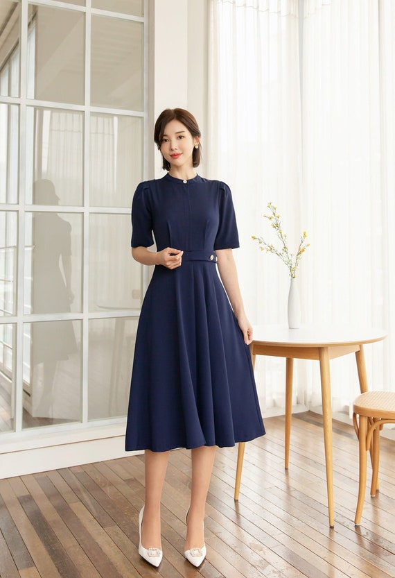 Elegant Pintuck Flare Midi Dress Korean Style Autumn Formal - Etsy