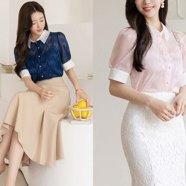 Elegant Lace Collar Chiffon Blouse | Korean Style Women's Formal Blouse (CLT0406)